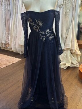 Off-Shoulder Navy Evening Gown with Metallic Floral Embroidery